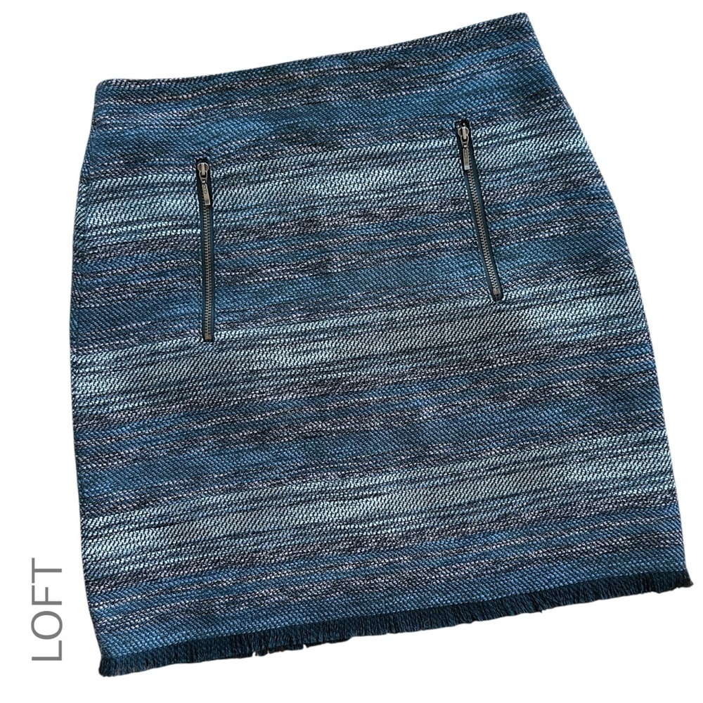 LOFT | NWOT BLUE TWEED FRINGE HEM MINI SKIRT EXPOSED ZIPPER POCKETS | SIZE 0